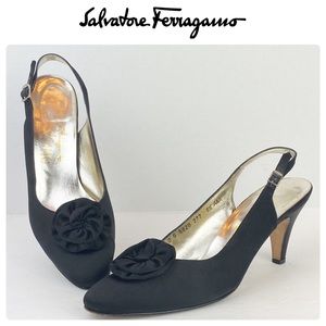 Salvatore Ferragamo Black Satin Slingback Heels, 8.5 Narrow